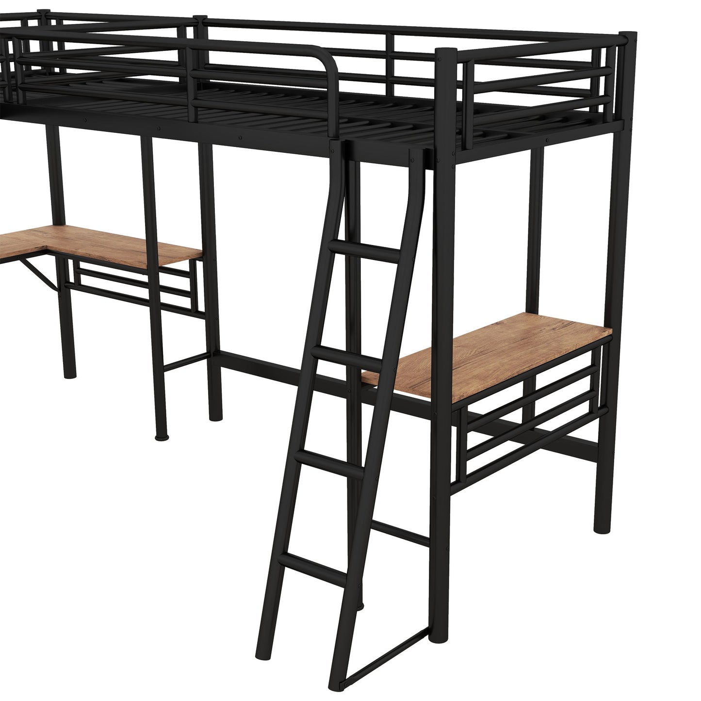 Twin Size Metal Loft Bed With Two Built-in Desks Black