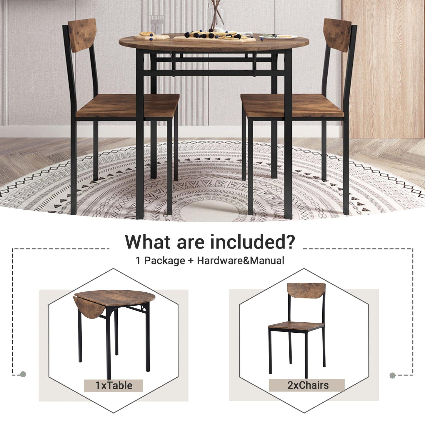 Compact 3-Piece Round Dining Set with Foldable Table