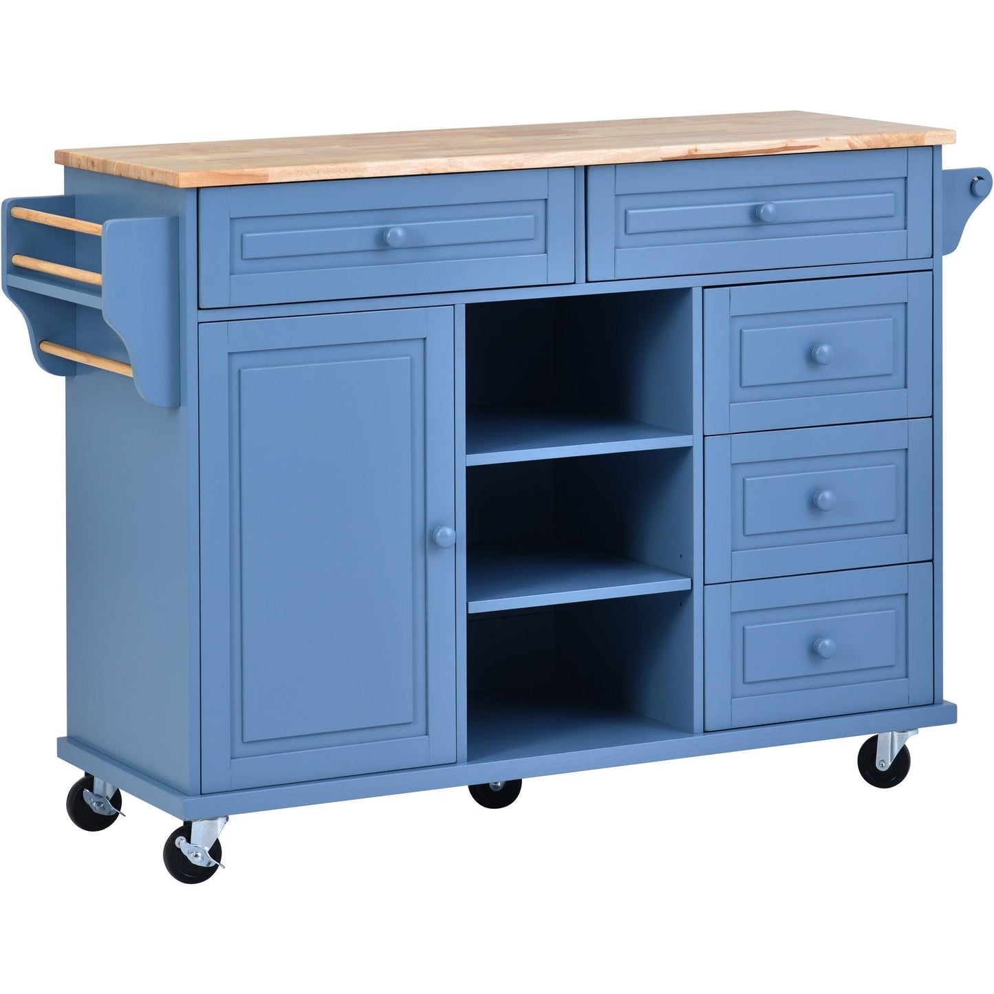 Blue Rolling Kitchen Island Cart with Rubber Wood Top and 5 Drawers for Storage - 53 Inch Length