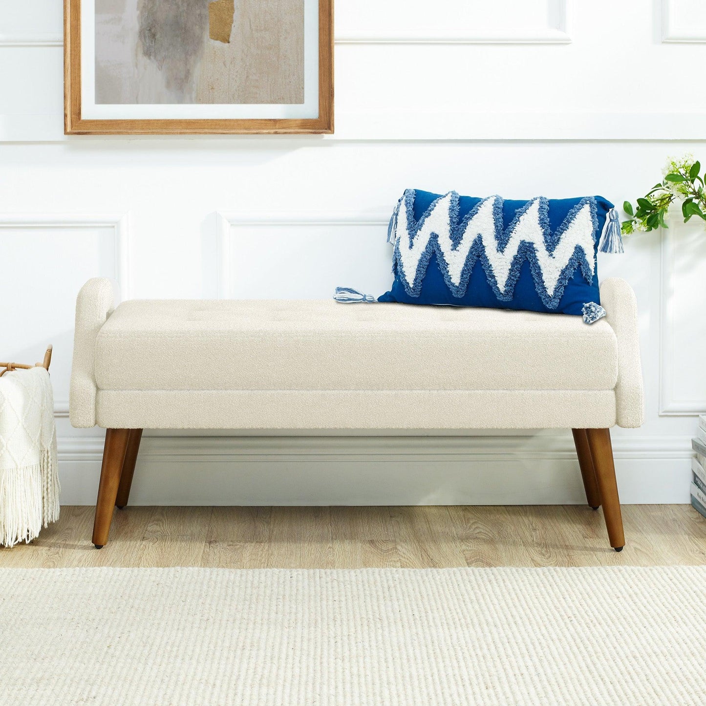 Contemporary Beige Yarn Fabric Bench with Soft Cushion and Unique Geometric Armrests