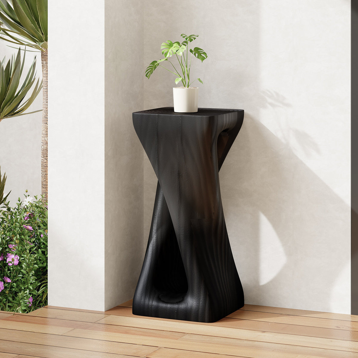 Outdoor twist end table with wood grain finish and hollow interior.