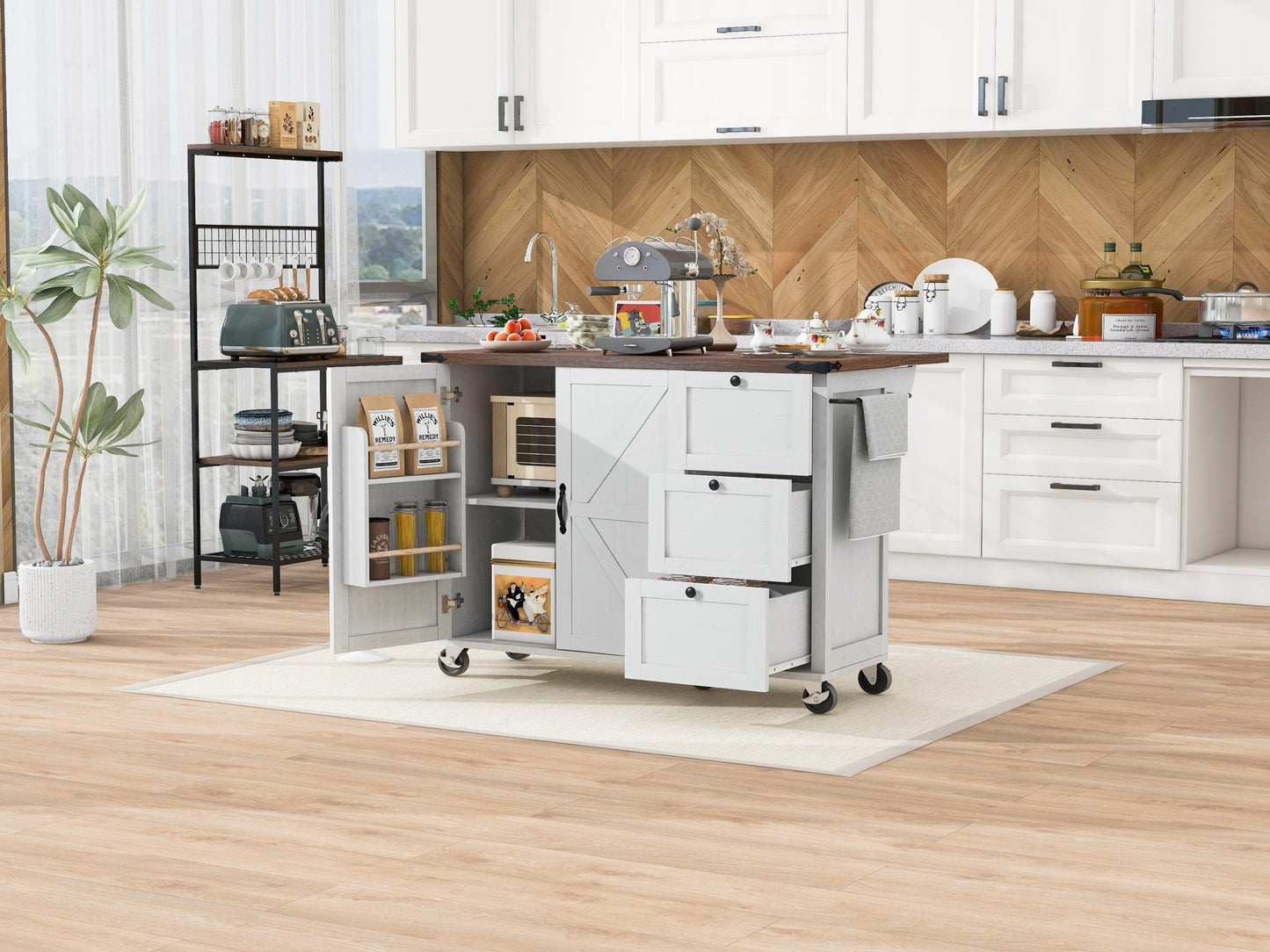 54.5" Rustic Farmhouse Kitchen Island with Power Outlet and Storage, Rolling Cart with Drop Leaf and Spice Rack, White Wood Finish