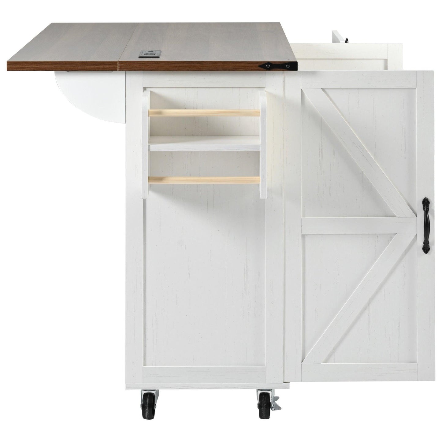 54.5" Rustic Farmhouse Kitchen Island with Power Outlet and Storage, Rolling Cart with Drop Leaf and Spice Rack, White Wood Finish