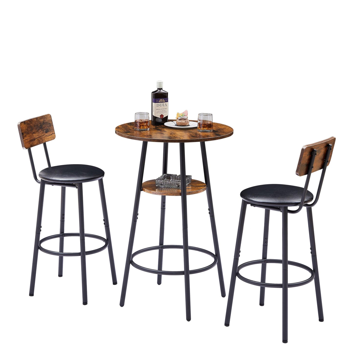 Rustic Brown Upholstered Bar Stool Set with Shelf and Backrest