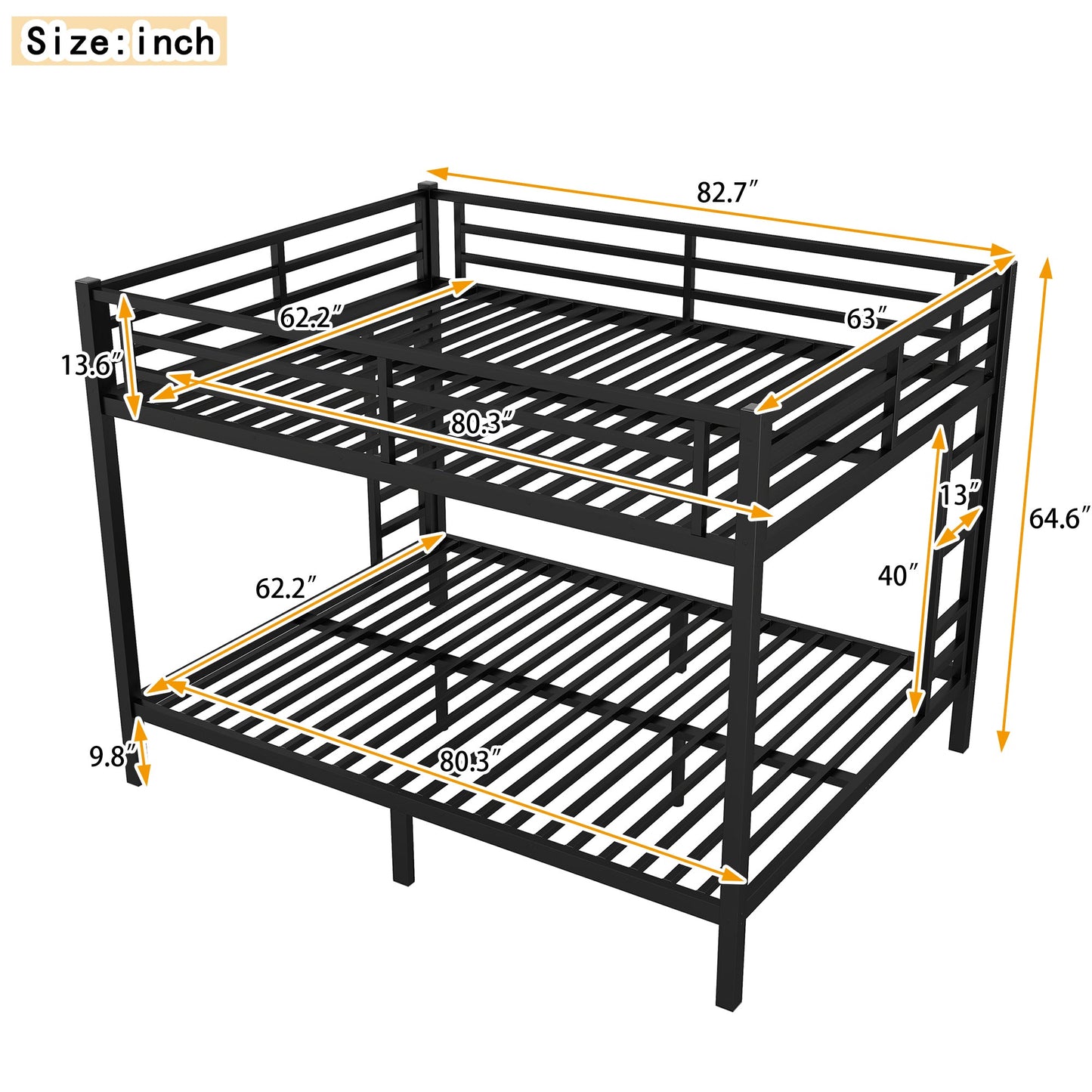 Metal Queen Over Queen Bunk Bed for Teens and Adults Black