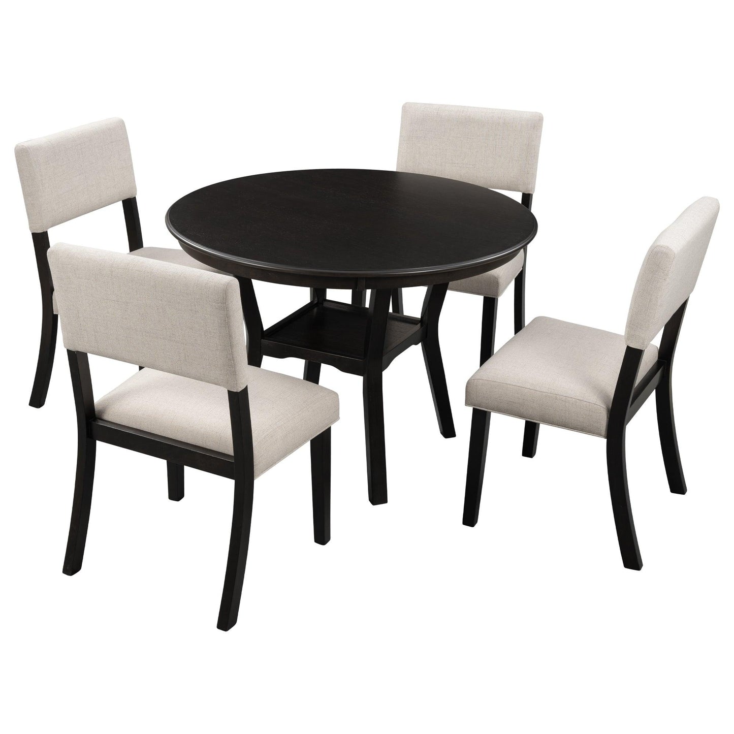 5-Piece Kitchen Dining Table Set Round Table with Bottom Shelf, 4 Upholstered Chairs for Dining Room Espresso