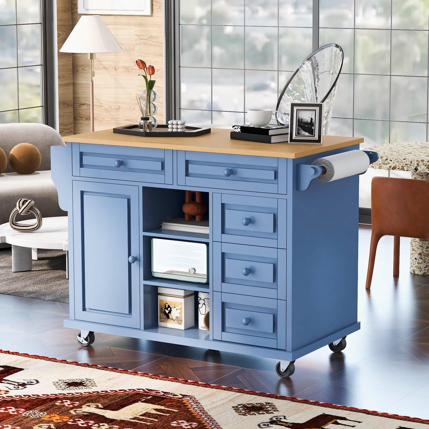 Blue Rolling Kitchen Island Cart with Rubber Wood Top and 5 Drawers for Storage - 53 Inch Length