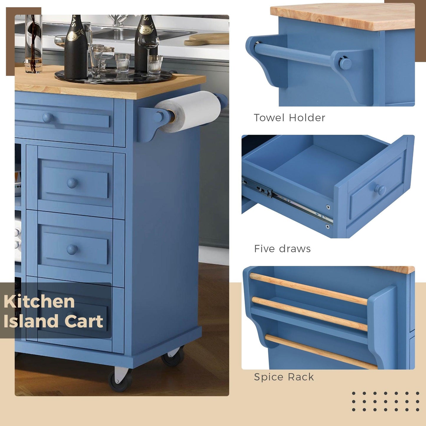 Blue Rolling Kitchen Island Cart with Rubber Wood Top and 5 Drawers for Storage - 53 Inch Length