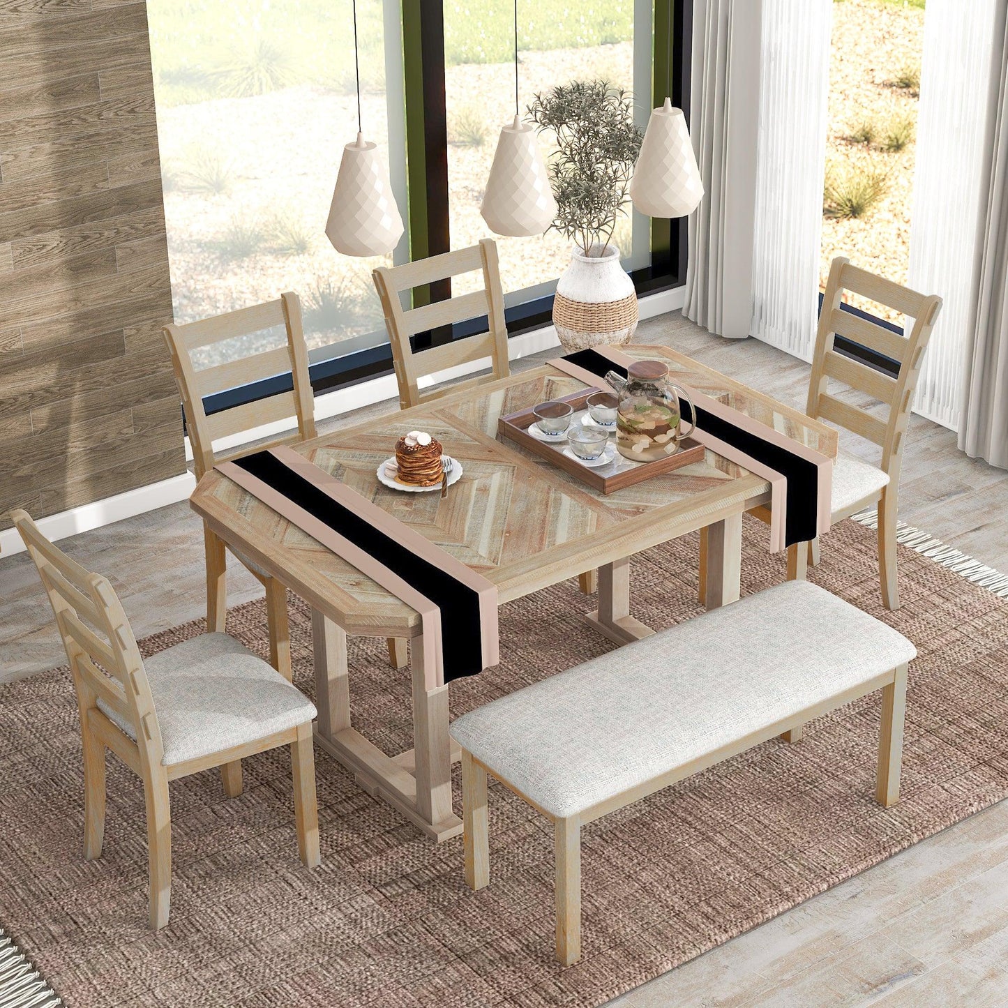 6-Piece Rubber Wood Dining Table Set with Soft Cushions