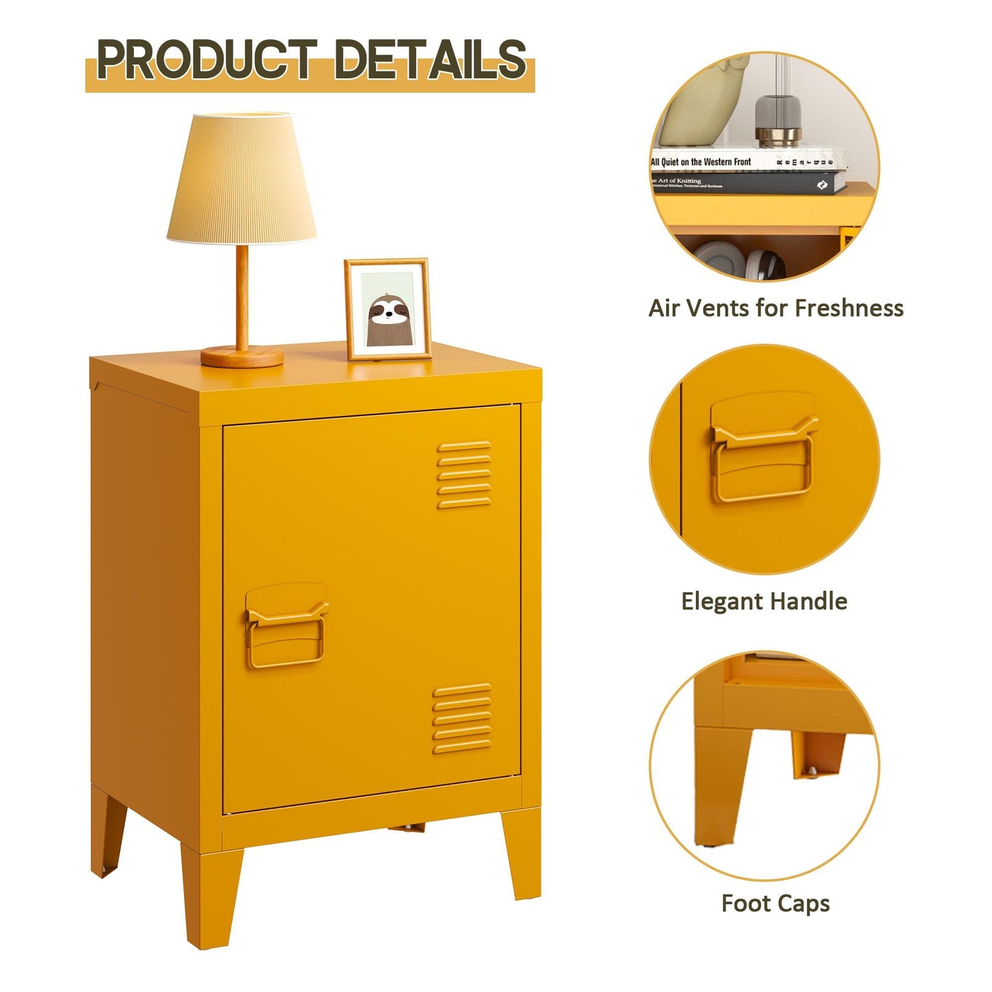 Vibrant Yellow Metal Nightstand - Versatile Bedside Storage Cabinet with Adjustable Shelf, Easy Assembly for Bedroom and Living Room