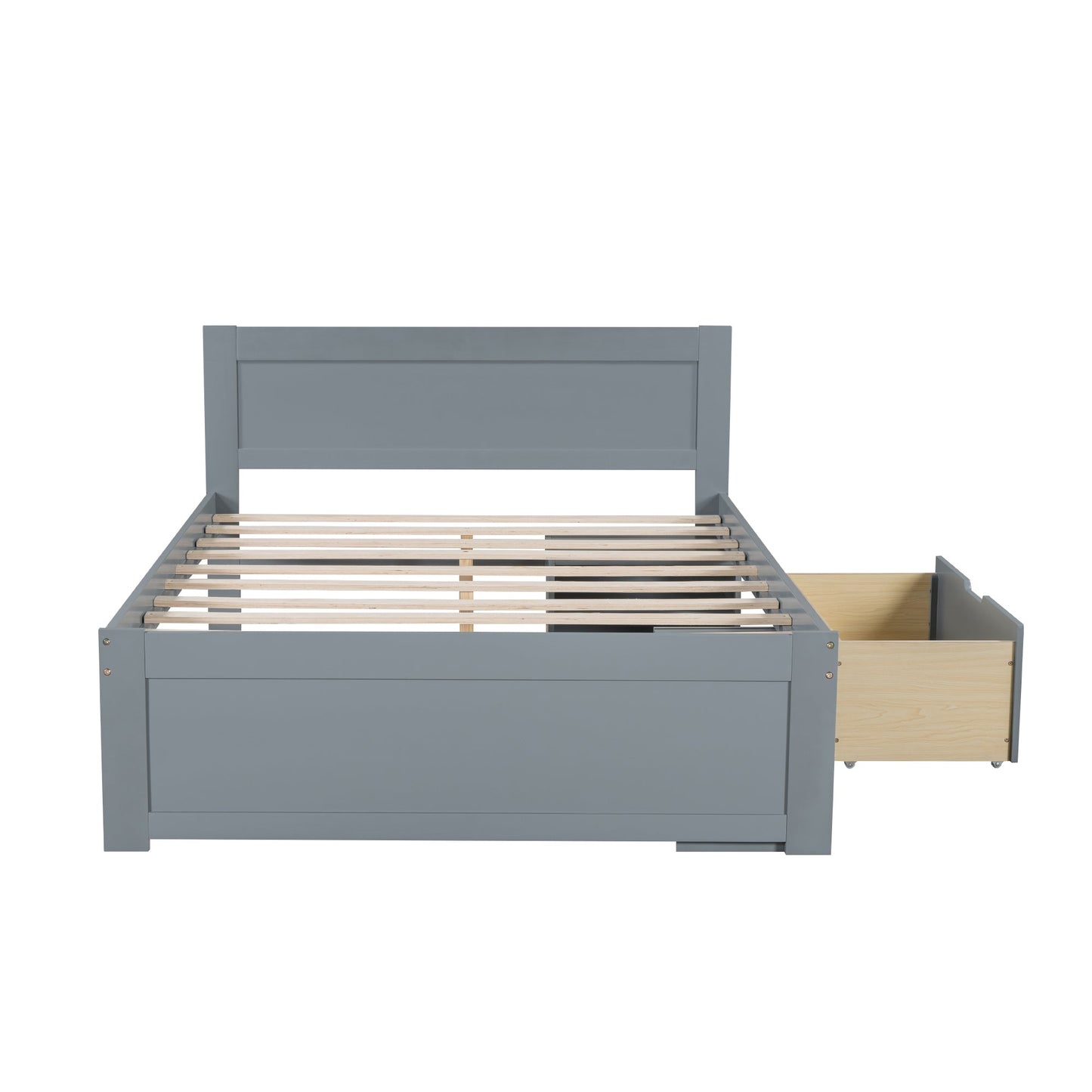 Full Size Platform Bed With Drawer And Two Shelves, Gray