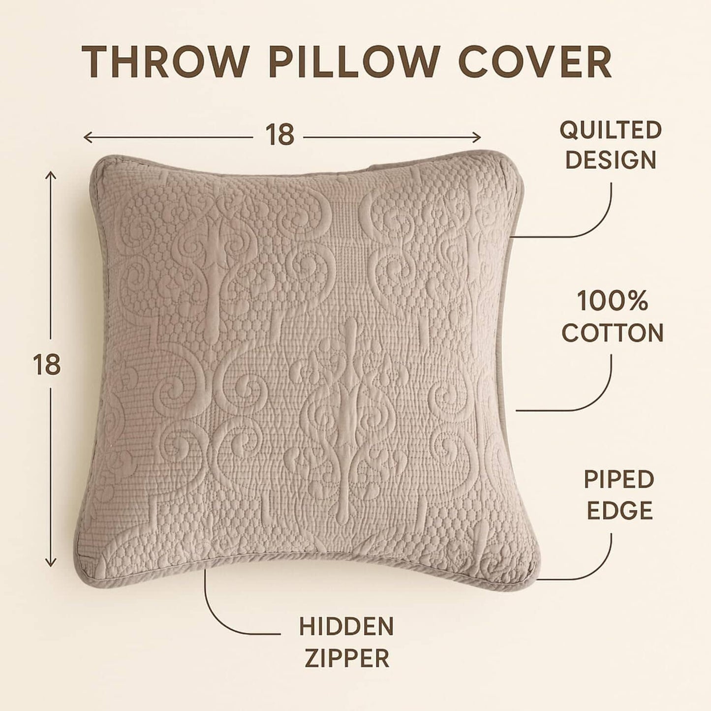 2 Piece Cushion Cover Set 18x18 Sandy Beige Taupe Floral Damask