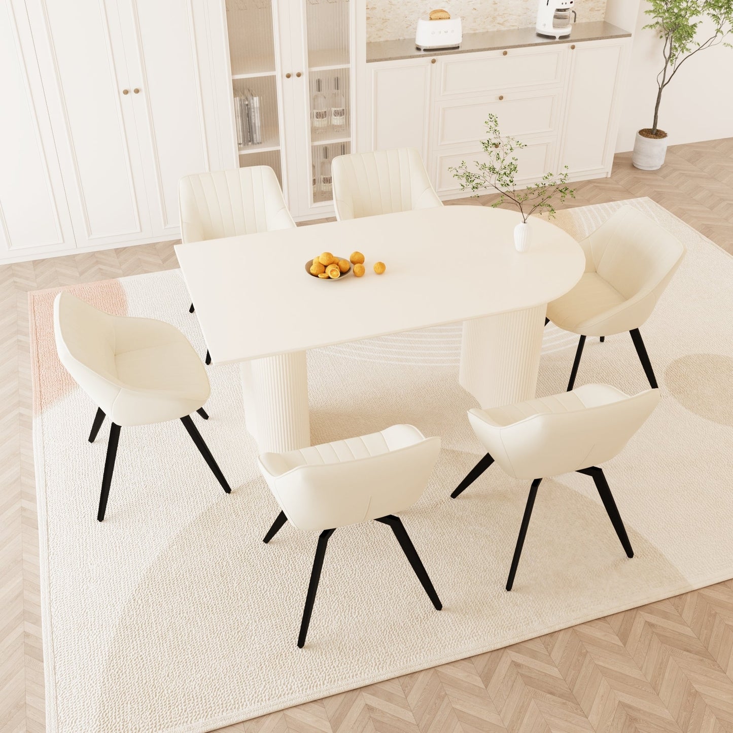 63" Elegant Cream MDF Dining Table with 6 Beige PU Dining Chairs and Black Metal Legs - Perfect for Kitchen & Home Use