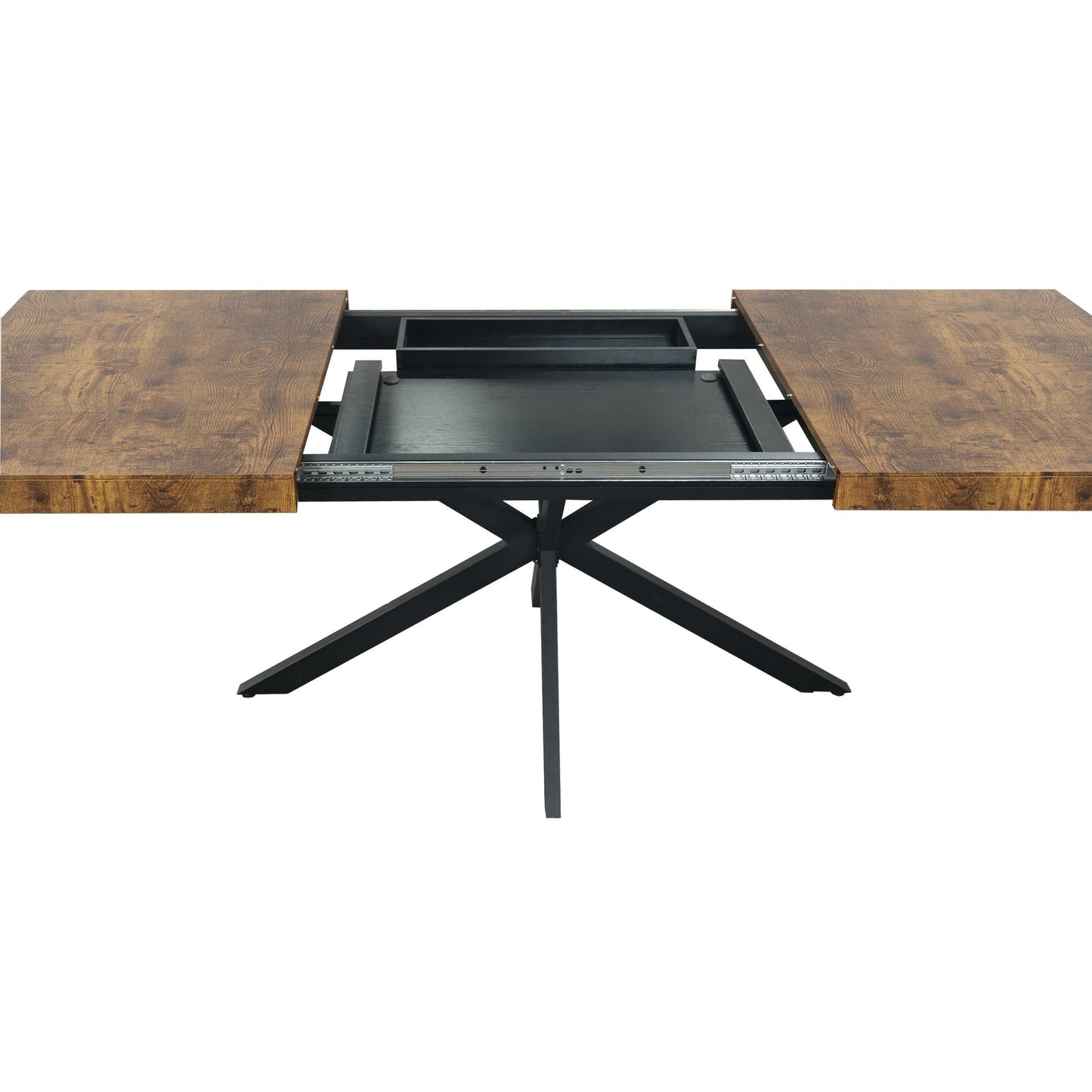 Expandable Retro Rectangular Dining Table with Antique Wood Top and Black Iron Base, Includes Storage Box, Seats 6