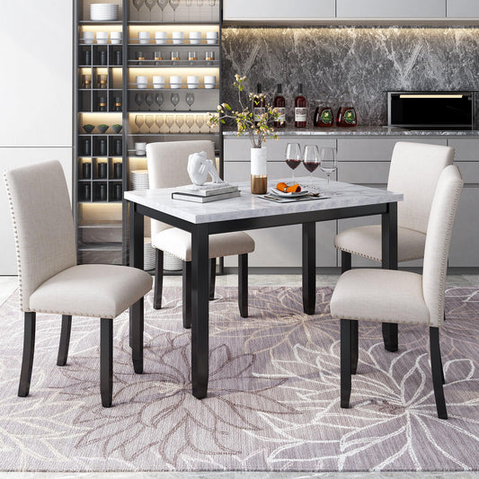 Faux Marble 5-Piece Dining Set with 4 Cushioned Chairs