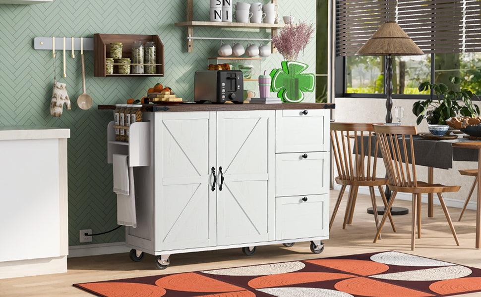 54.5" Rustic Farmhouse Kitchen Island with Power Outlet and Storage, Rolling Cart with Drop Leaf and Spice Rack, White Wood Finish