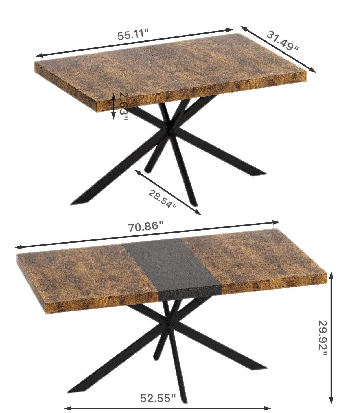 Expandable Retro Rectangular Dining Table with Antique Wood Top and Black Iron Base, Includes Storage Box, Seats 6