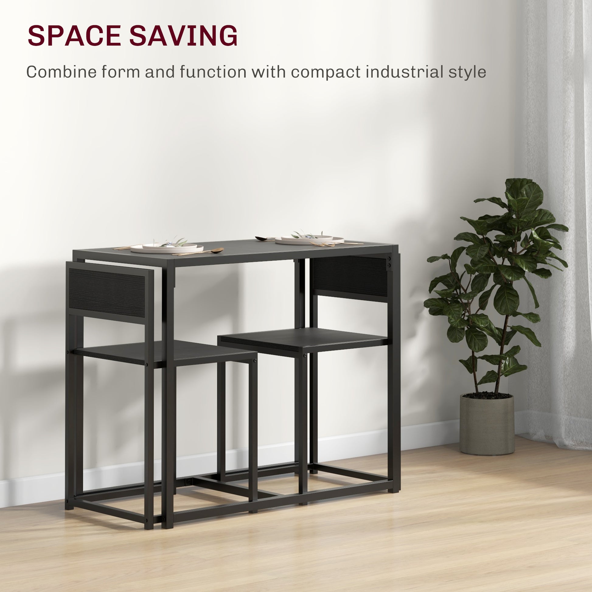 Black industrial dining set: rectangular table and two chairs.