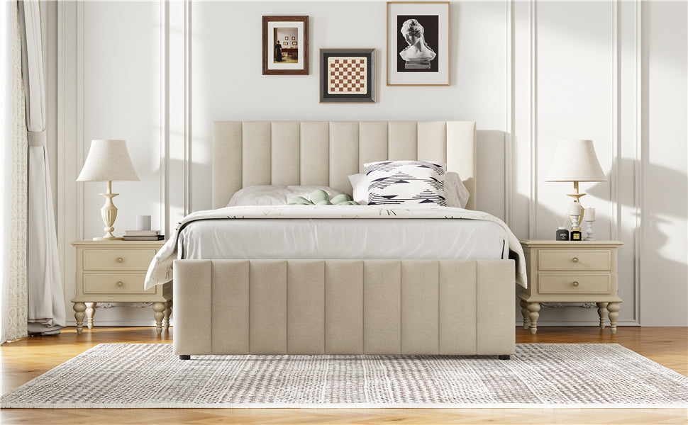 Full Size Upholstered Platform Bed with Trundle and Drawers