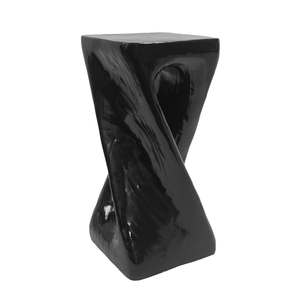 Outdoor twist-shape end table with wood grain finish, hollow interior.