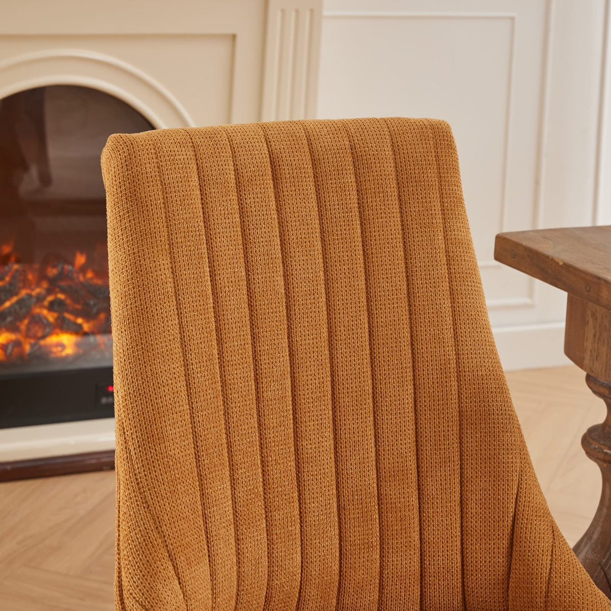Set of 2 rayon flocking linen dining chairs with high back support.