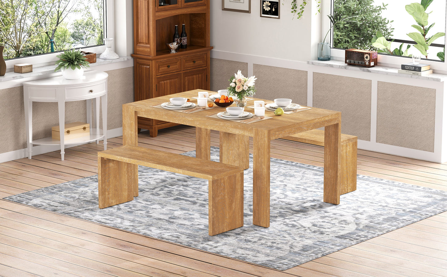 Farmhouse Style Simple Dining Set with Table and Benches