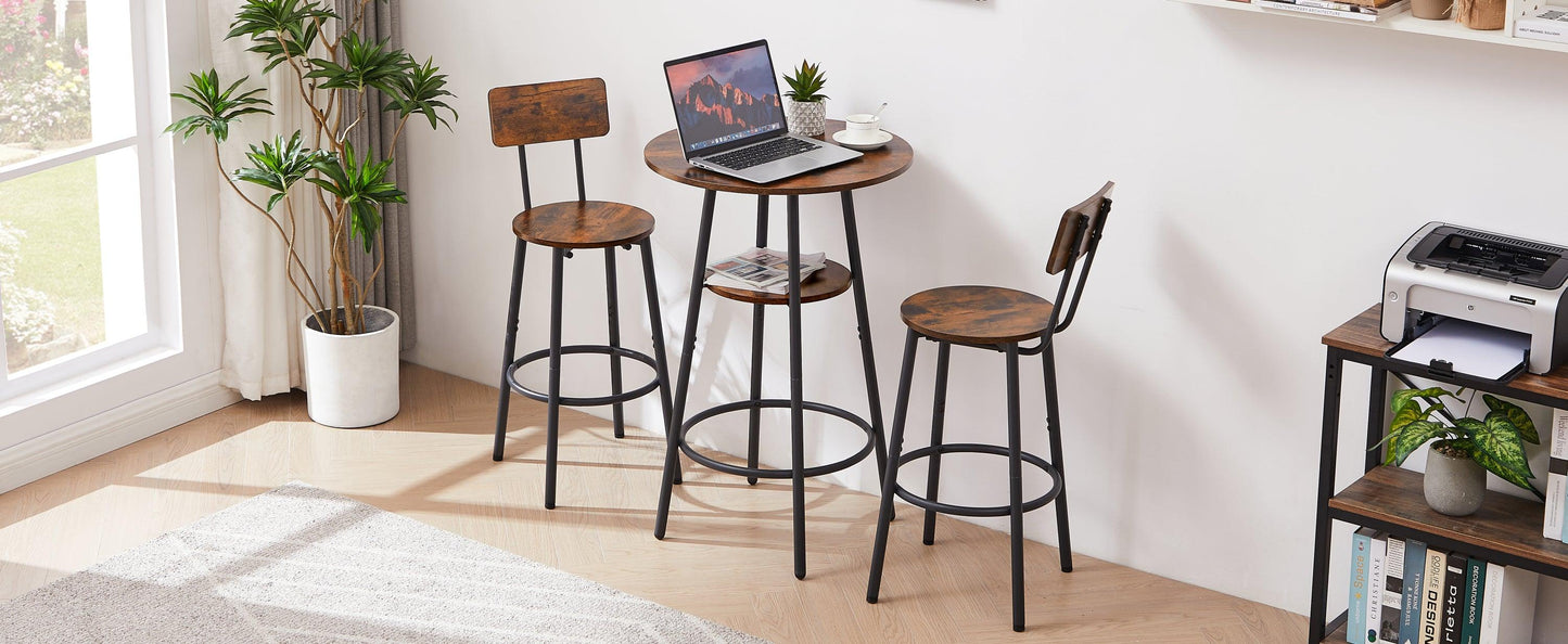 Rustic Brown Round Bar Stool Set with Circular Shelf and Backrest, 23.6'' Dia x 35.4'' H