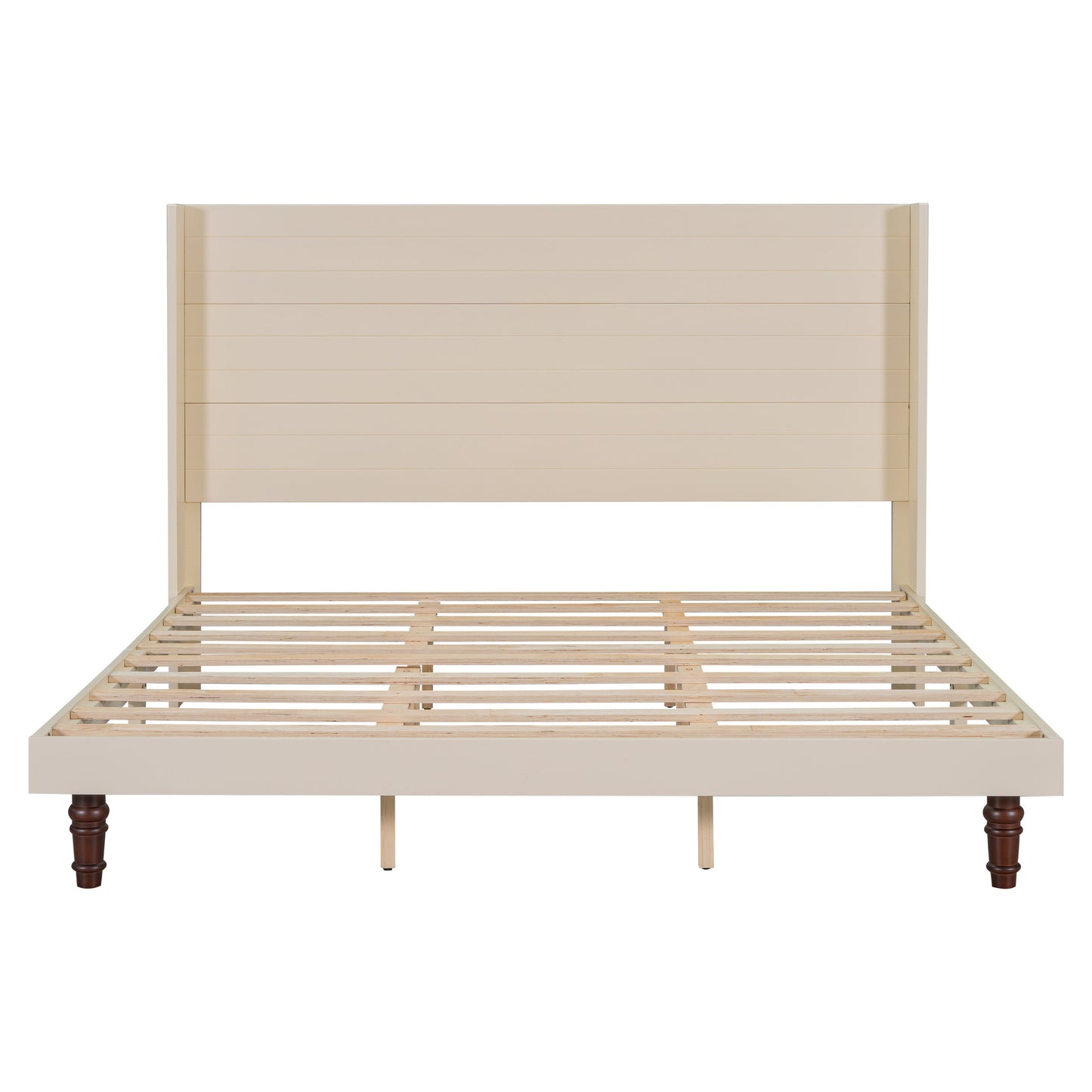 Stylish High Headboard Bed King Size 54 Inch Beige Design