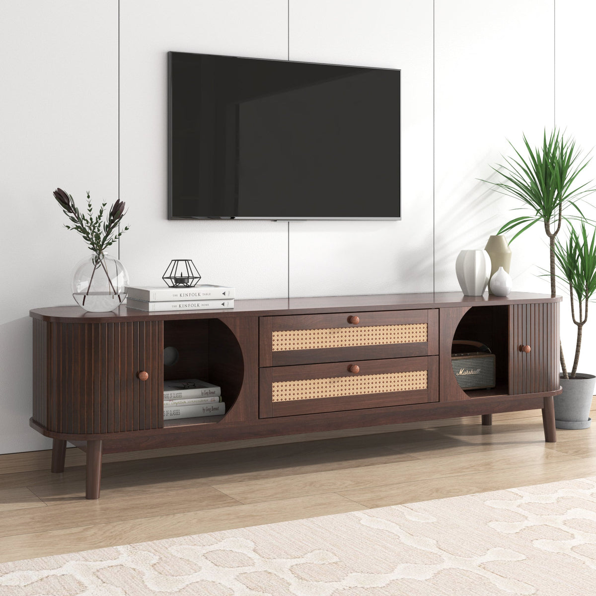 Modern farmhouse rattan TV stand with natural wood finish, fitting TVs 60-69 inches.
