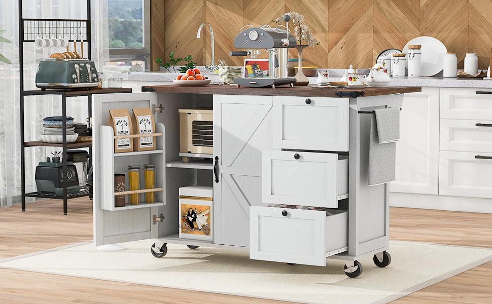 54.5" Rustic Farmhouse Kitchen Island with Power Outlet and Storage, Rolling Cart with Drop Leaf and Spice Rack, White Wood Finish