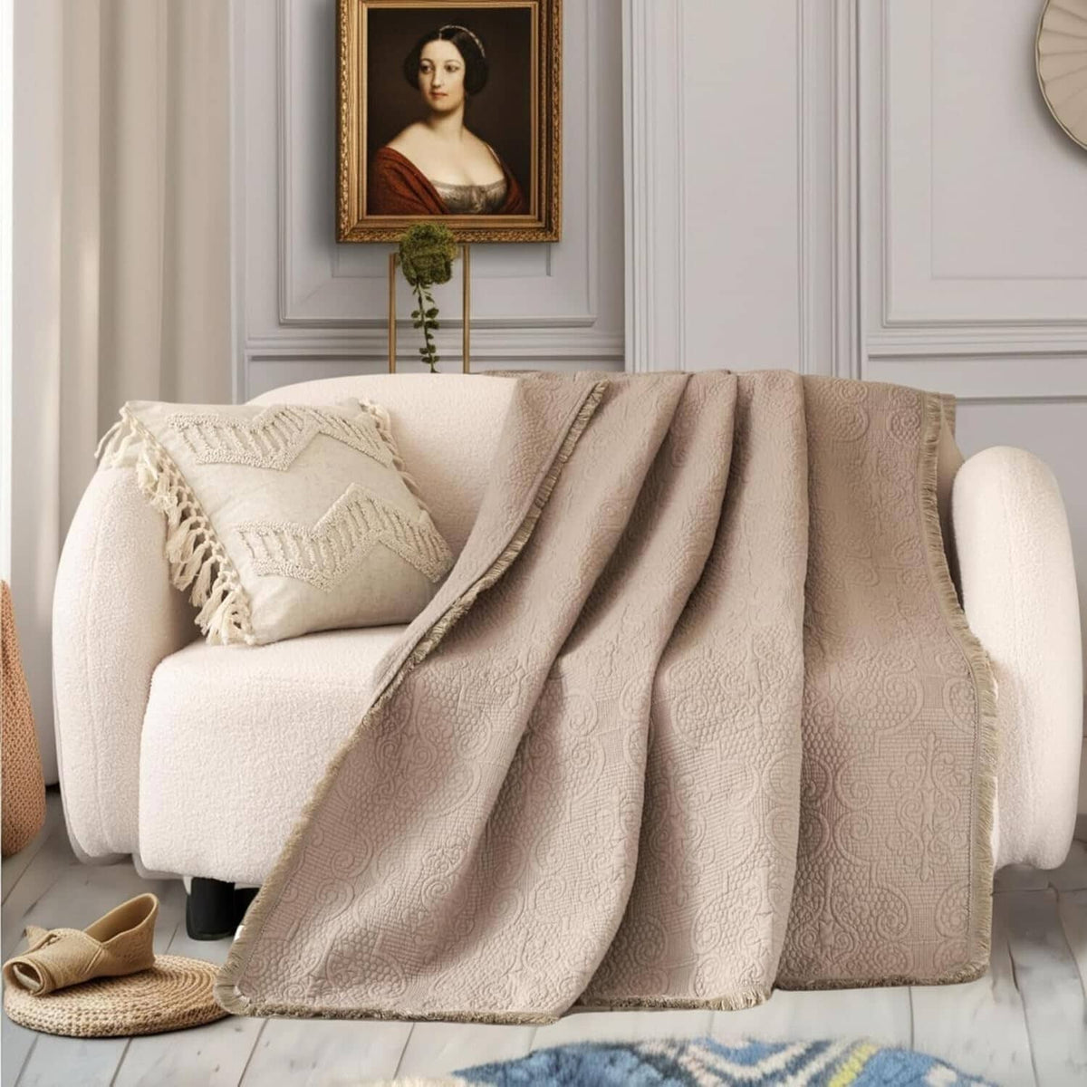 Taupe beige 50x60 fringed paisley quilted throw blanket