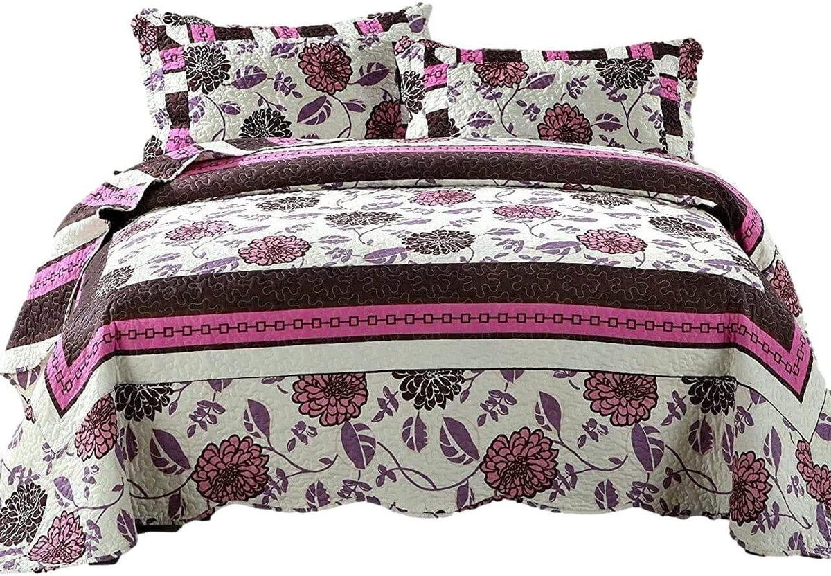 Bohemian purple floral bedspread set with pink and brown accents.