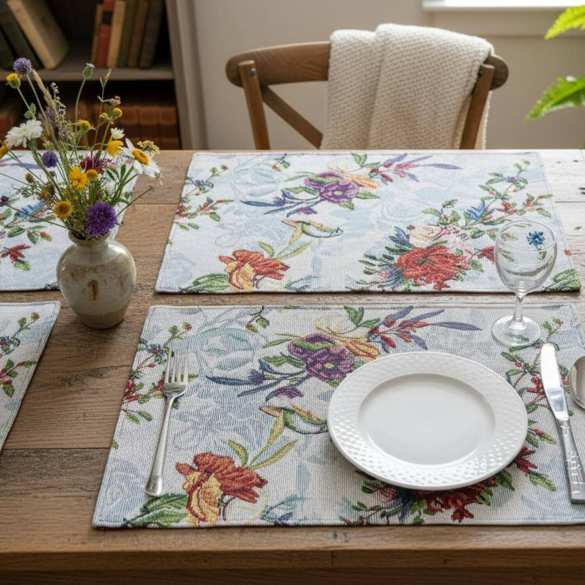 Set of 4 tropical sky blue bird floral tapestry placemats, 13x19 inches.