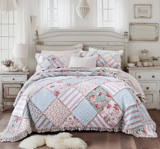 Hint Of Mint Floral Patchwork Ruffle Bedspread