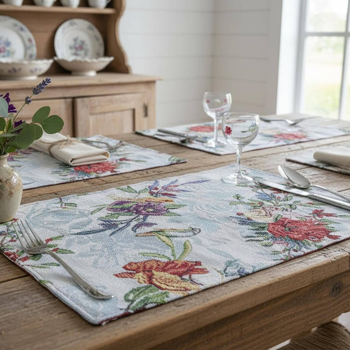 Set of 4 tropical sky blue bird floral tapestry placemats, 13x19 inches.