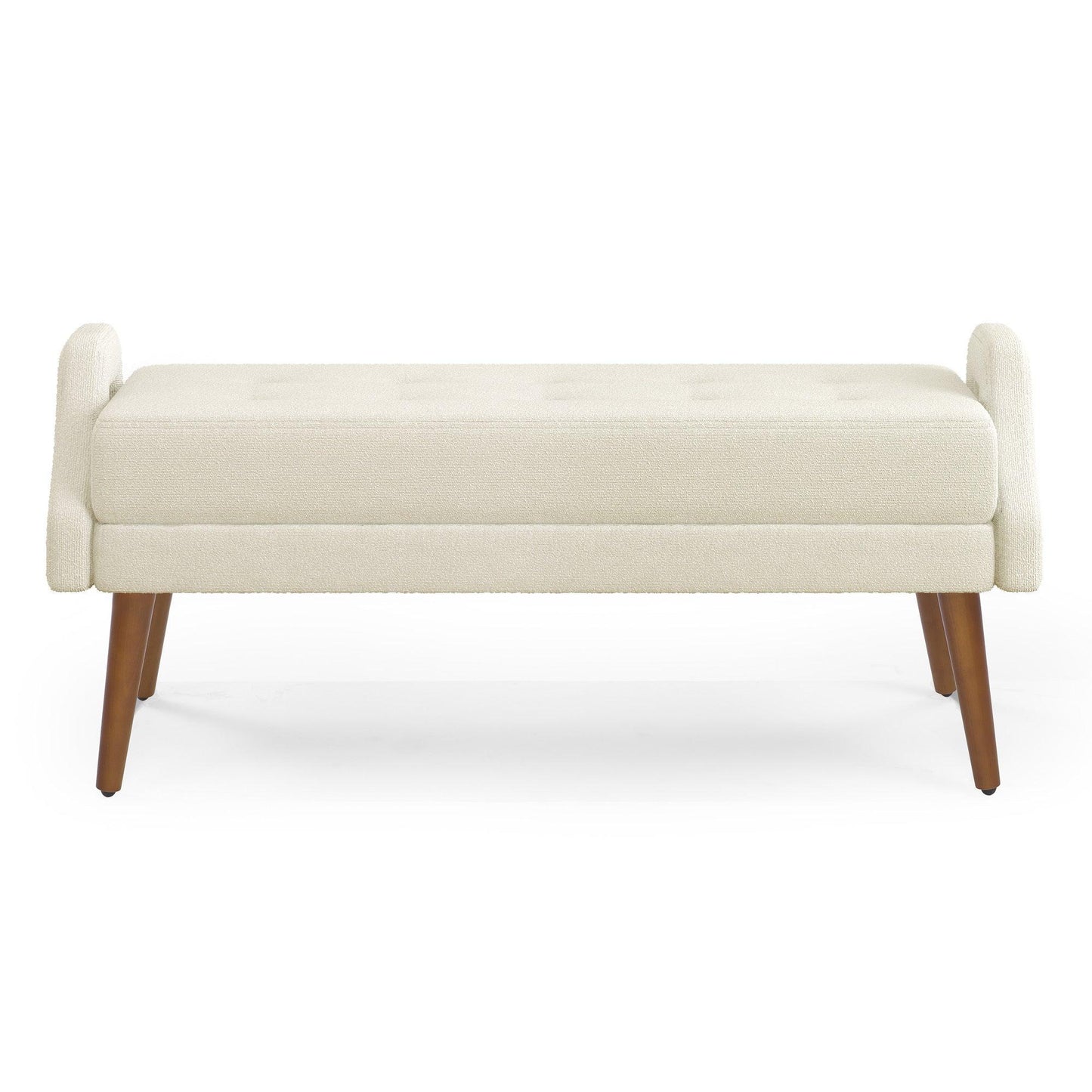 Contemporary Beige Yarn Fabric Bench with Soft Cushion and Unique Geometric Armrests