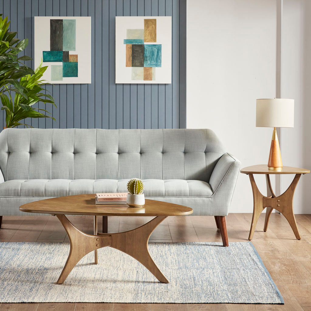 Ink Ivy Blaze triangle solid wood coffee table with cross base.