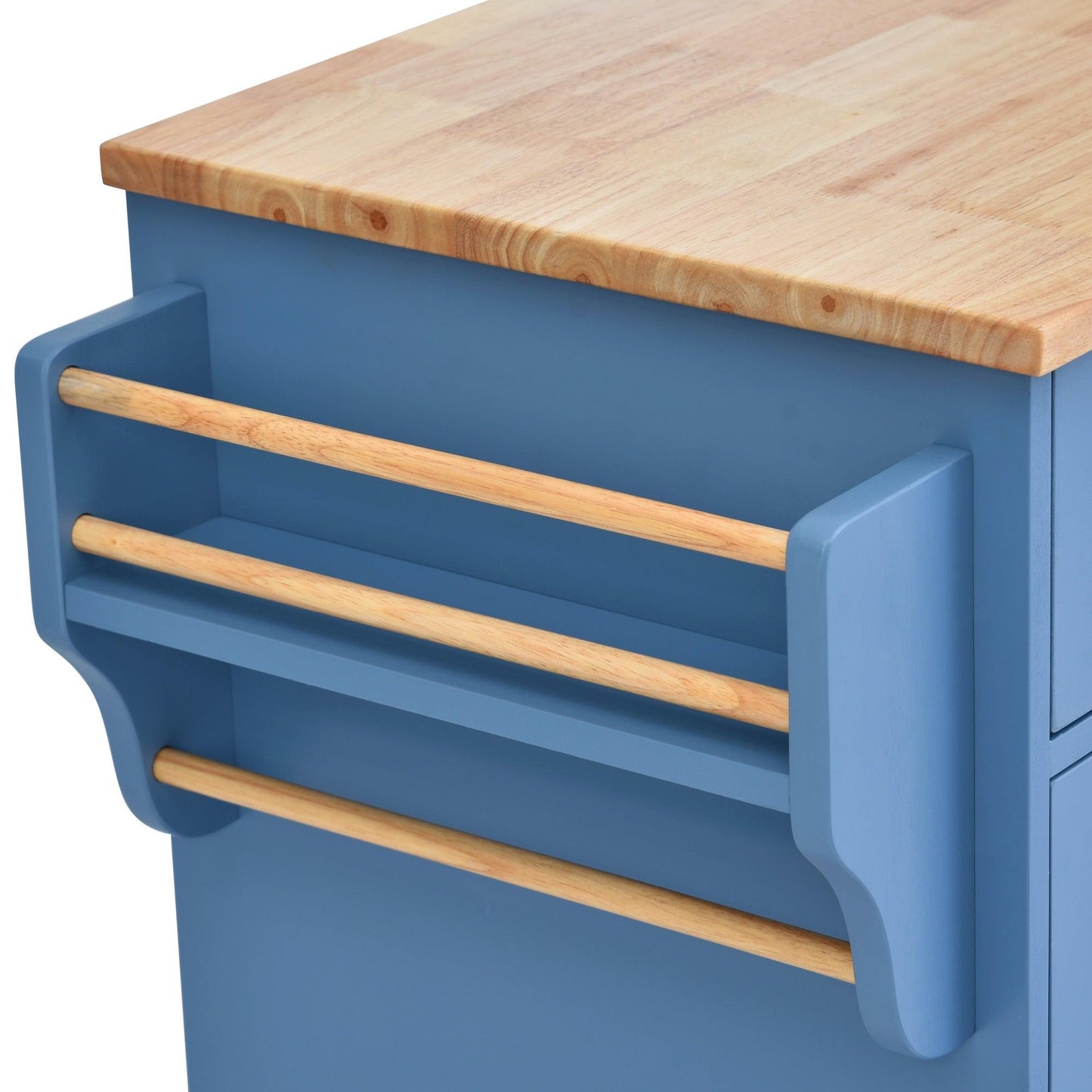 Blue Rolling Kitchen Island Cart with Rubber Wood Top and 5 Drawers for Storage - 53 Inch Length