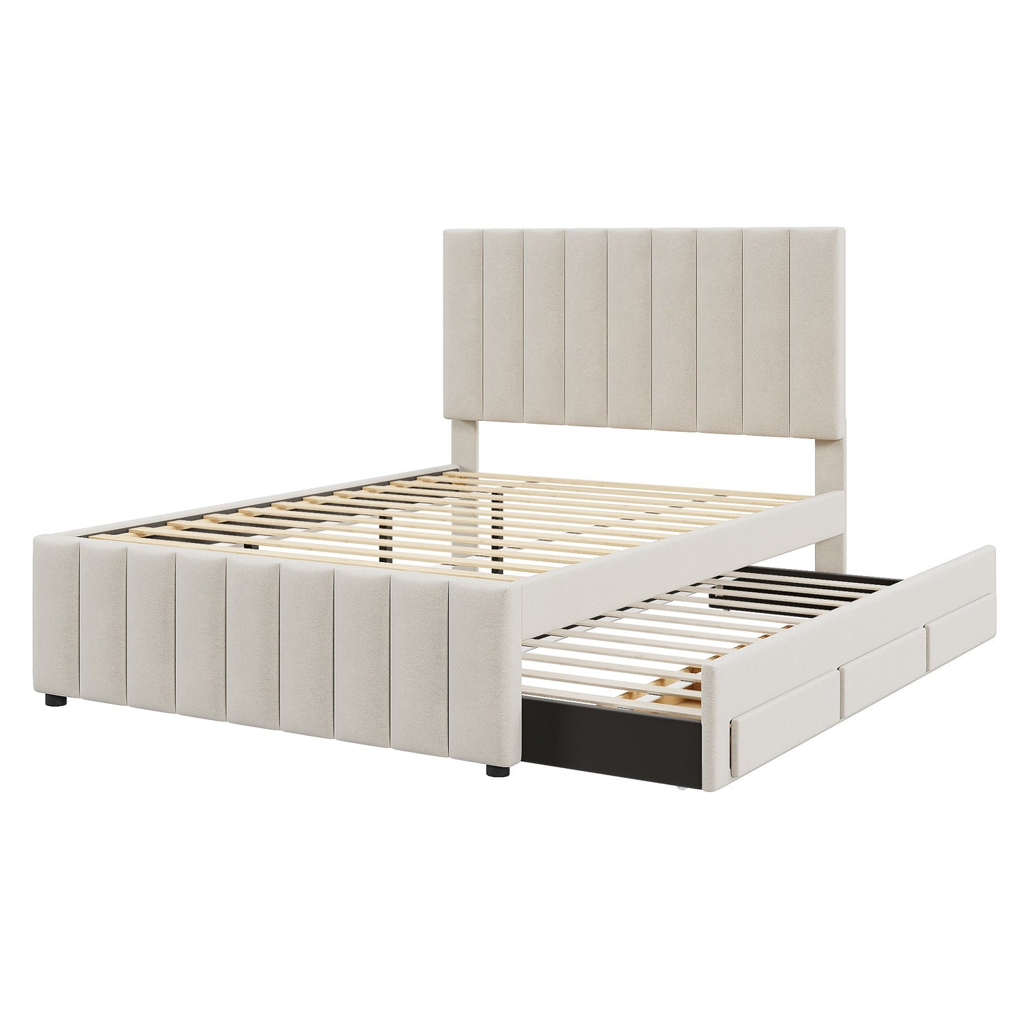 Full Size Upholstered Platform Bed with Trundle and Drawers