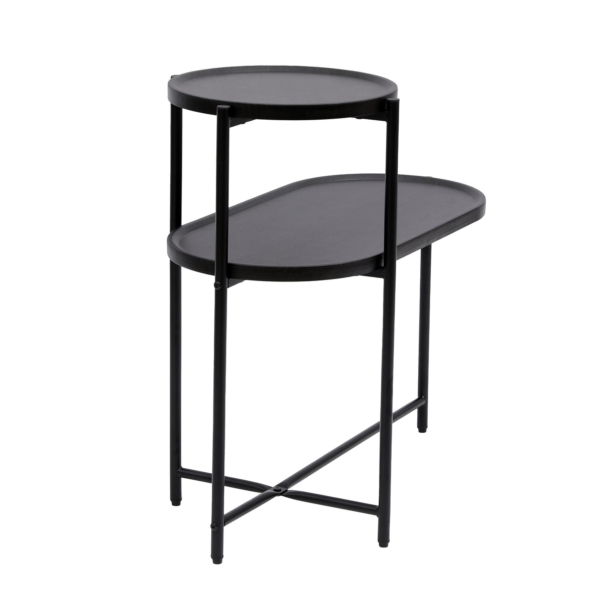 Two-tier round coffee table with oval storage tray end tables.