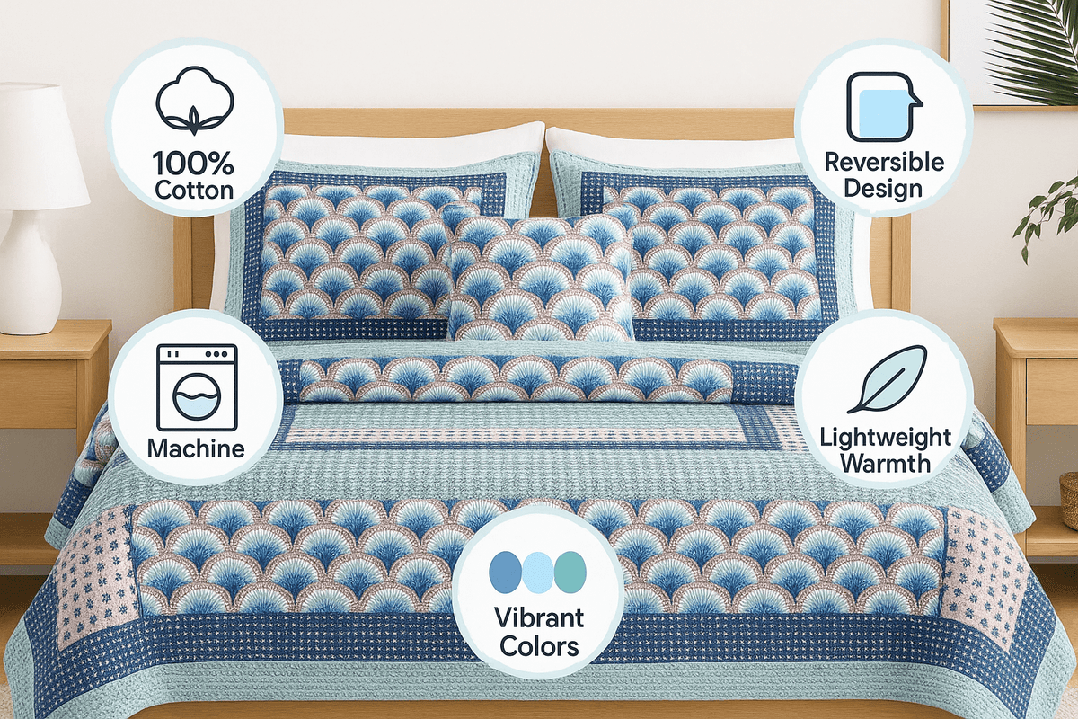 Blue and green Mediterranean patchwork quilted bedspread set.