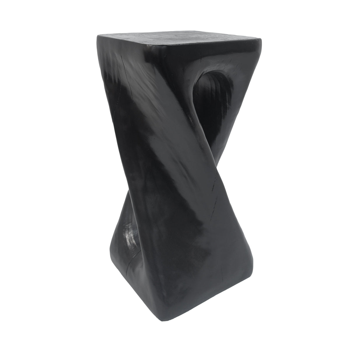 Outdoor twist end table with wood grain finish, hollow interior.