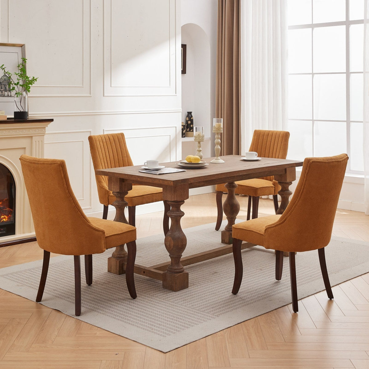 Set of 2 rayon flocking linen dining chairs with high back support.