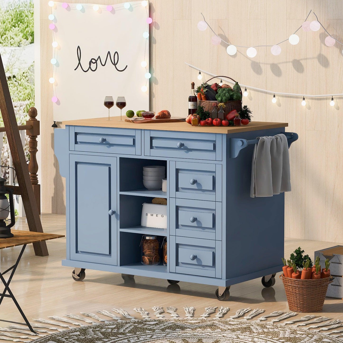 Blue Rolling Kitchen Island Cart with Rubber Wood Top and 5 Drawers for Storage - 53 Inch Length