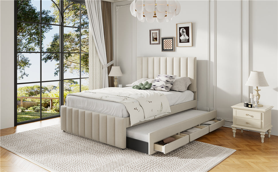 Full Size Upholstered Platform Bed with Trundle and Drawers