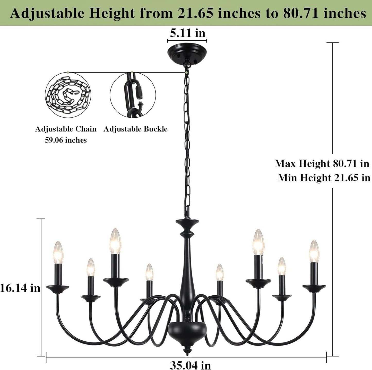 Adjustable Height Black Farmhouse Chandelier With Eight Lights For Dining Room
