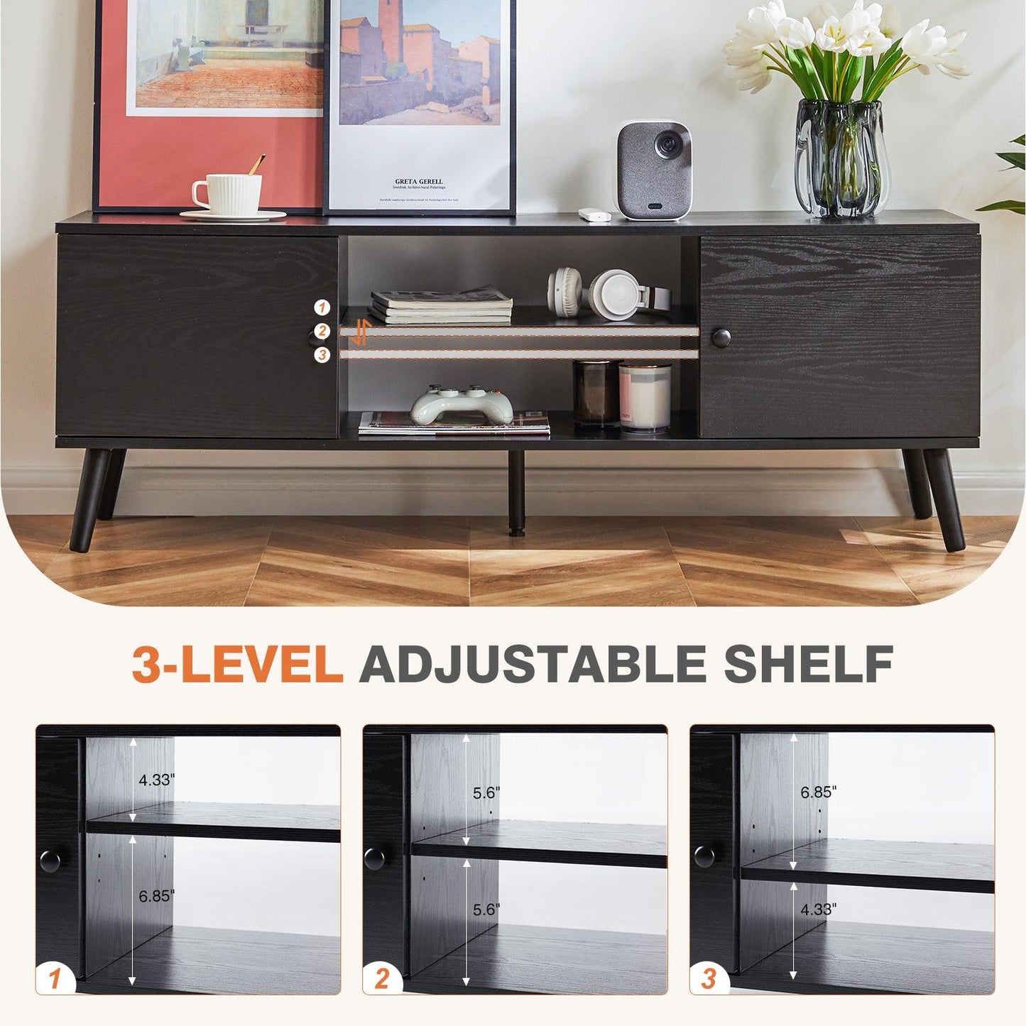 Modern Black TV Media Console for 60" TVs with Adjustable Shelves and Storage Cabinets