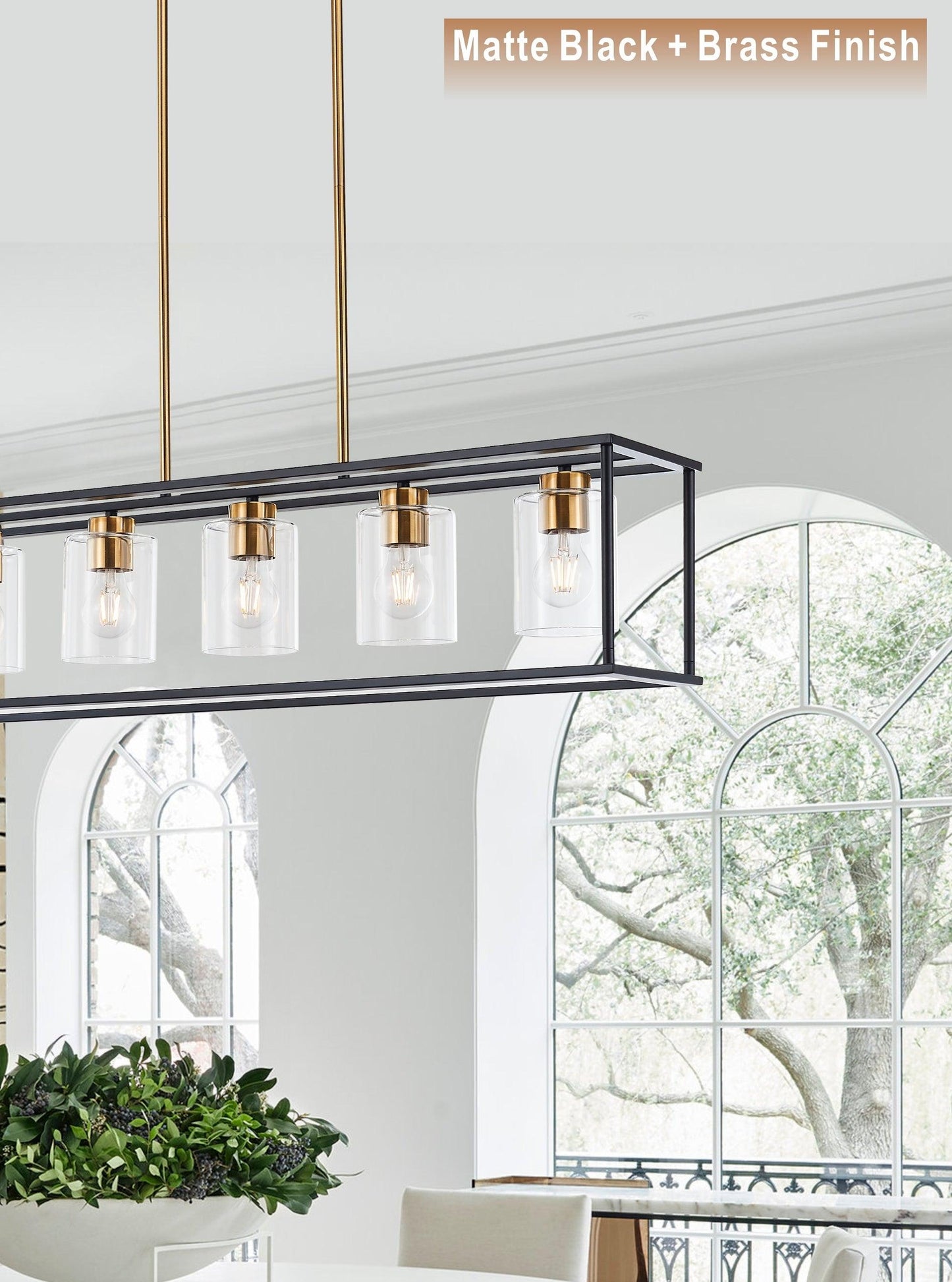 5-Light Distinctive Industrial Farmhouse Rectangular Pendant Chandelier with Clear Glass Shade in Antique Brass and Matte Black Finish for Dining Room and Kitchen Island