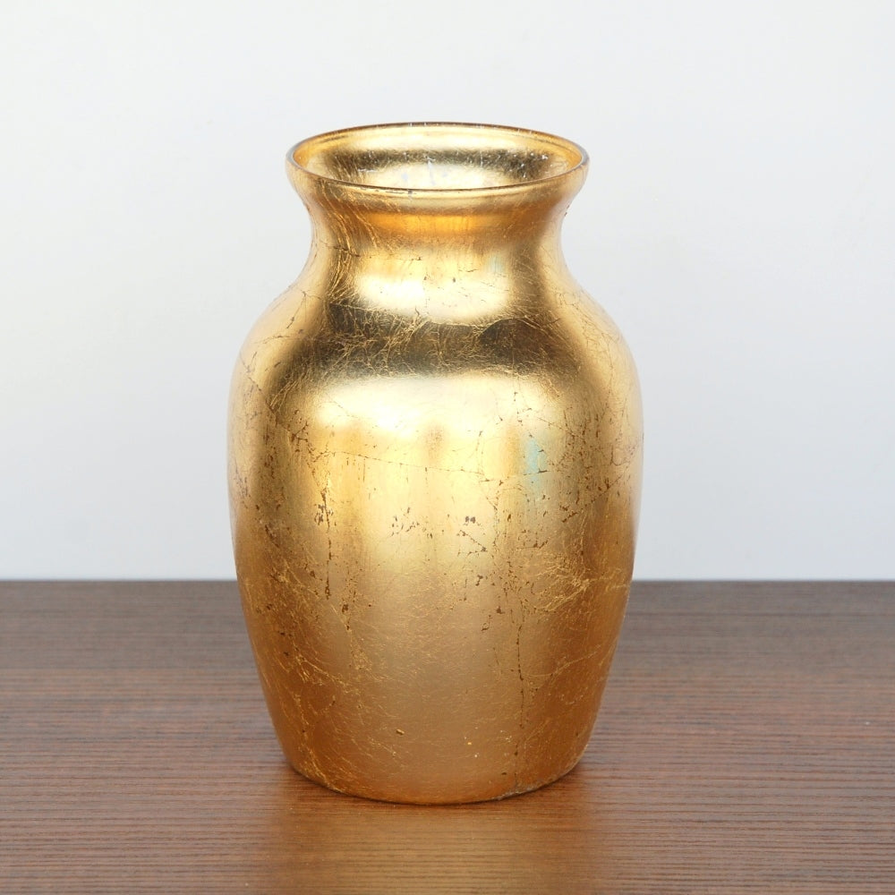 Gold Greek style flower vase with distressed finish, 7 inches tall.
