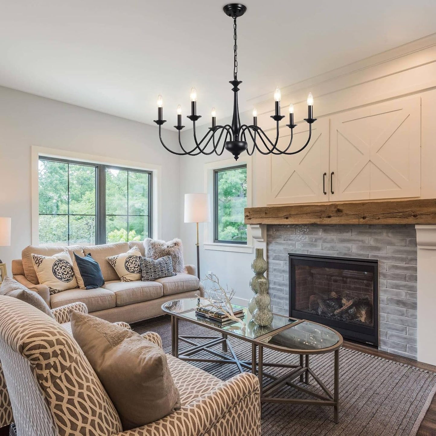 Adjustable Height Black Farmhouse Chandelier With Eight Lights For Dining Room